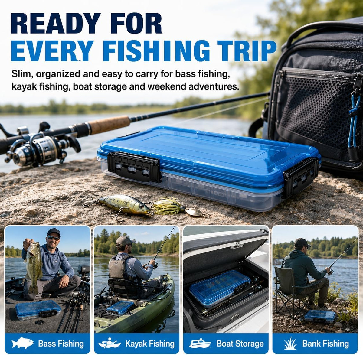 BEAR PAW 3700 Fishing Tackle Boxes Large Waterproof Fishing Tackle Box Lure Tray Storage Organizer Plastic Box with Adjustable Dividers Blue