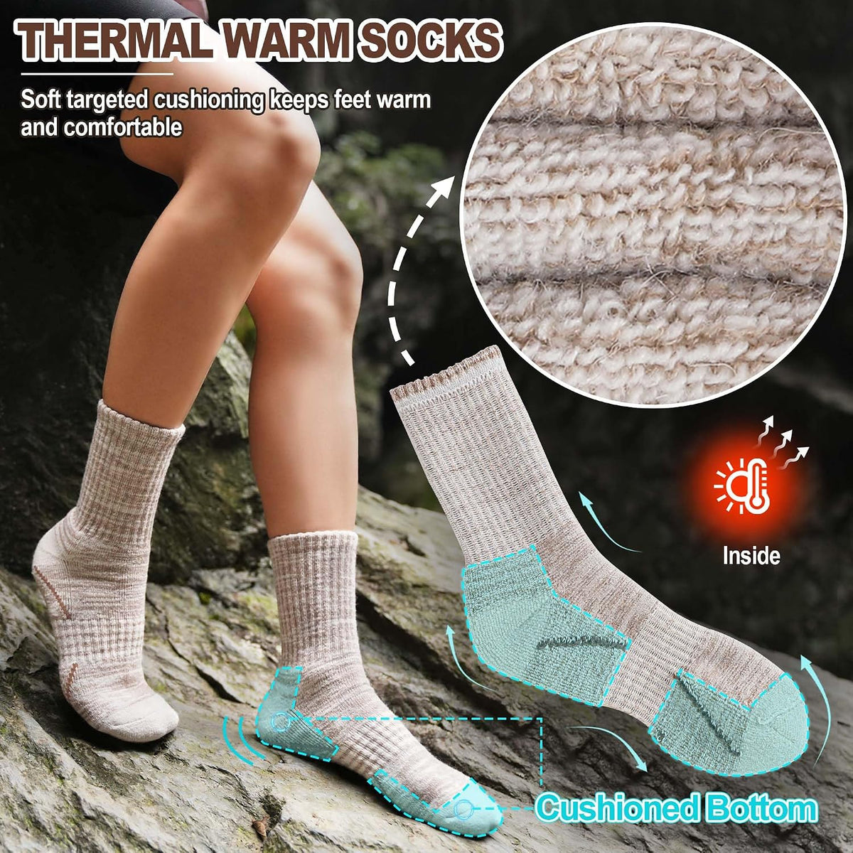 Sandsuced Merino Wool Hiking Socks Thermal Warm Winter Cozy Crew with Cushioned Sole & Moisture Wicking 5 Pairs for Women