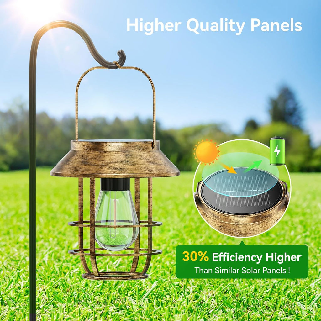 2 Pack Solar Lanterns Outdoor Waterproof, Retro Metal Hanging Lantern