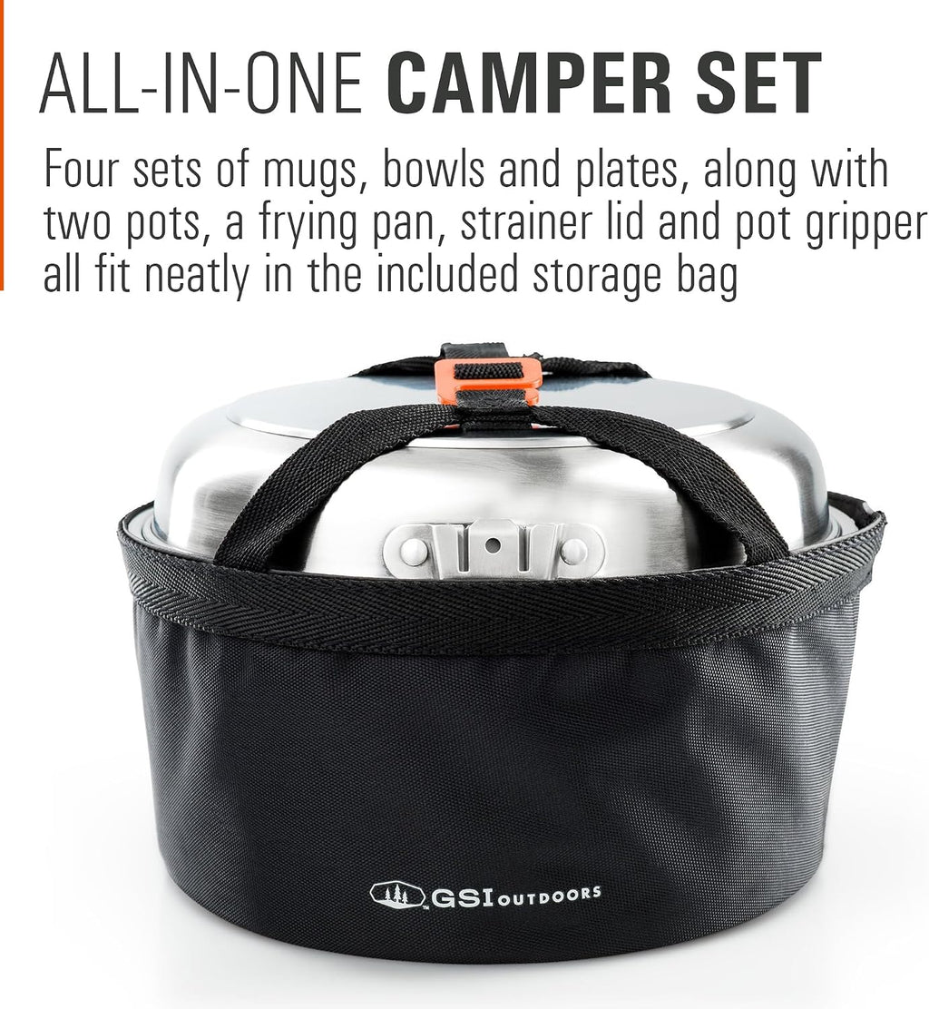 GSI Outdoors Glacier Stainless Camper 4 Person Packable Cookware & Dinnerware Set for Camping or Backpacking