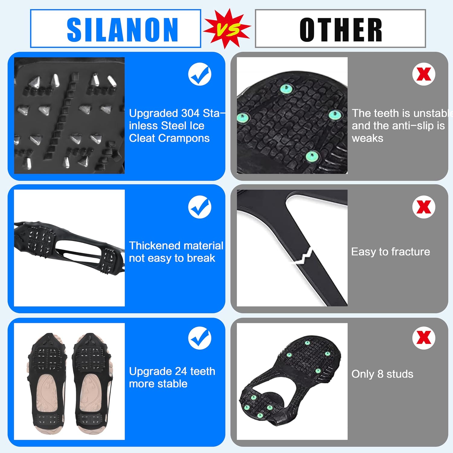 Ice Cleats Crampons for Shoes and Boots Anti Slip Snow Cleats 24 Shoe Spikes for Snow and Ice Grippers Crampons for Hiking Boots Women Men Kids Winter Walking Hiking Fishing