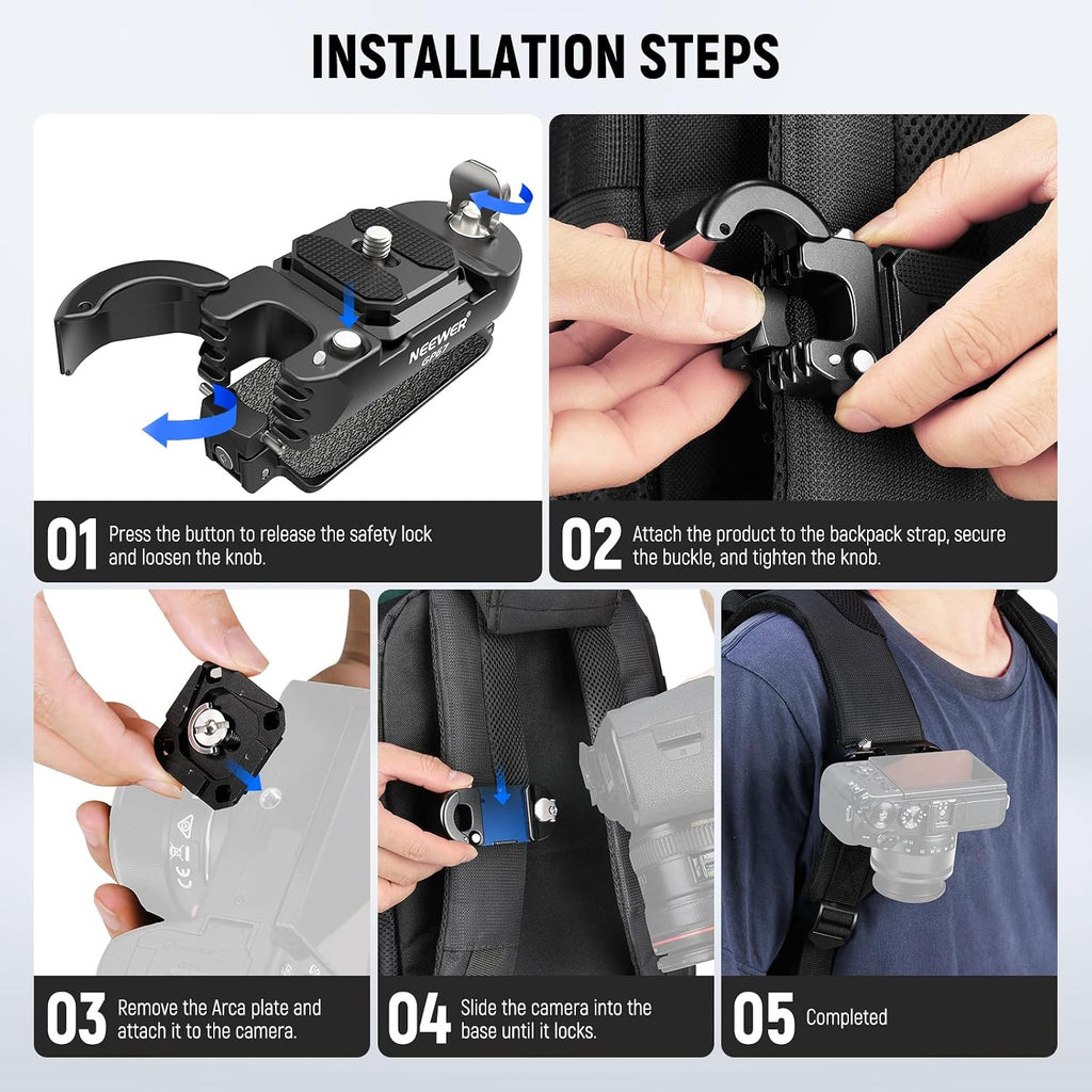 NEEWER Backpack Camera Clip Mount with Square QR Plate, Upgraded Safety Latch, Quick Release Camera Belt Clip Backpack Strap Compatible with PD QR System Canon Nikon Sony DSLRs, GP67