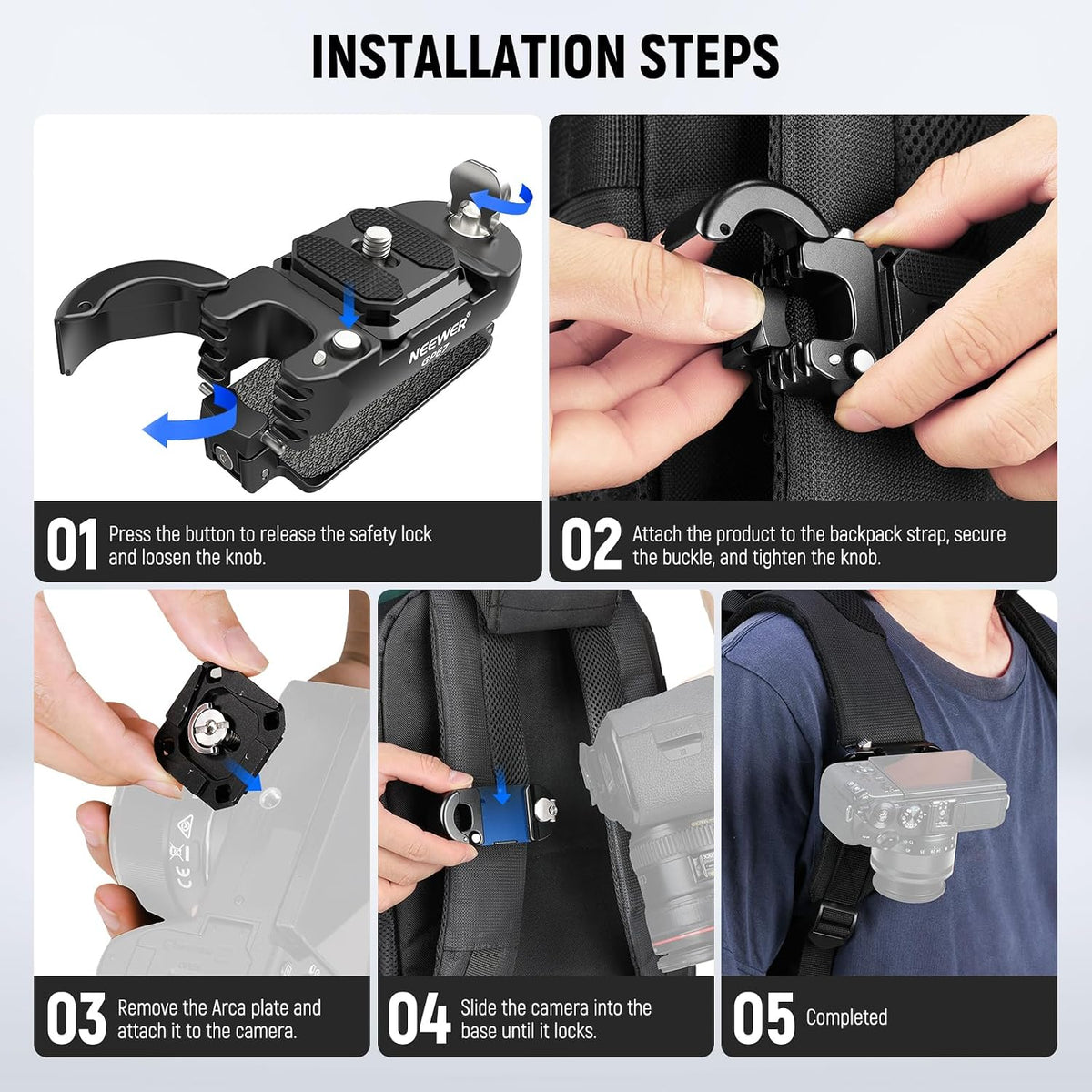 NEEWER Backpack Camera Clip Mount with Square QR Plate, Upgraded Safety Latch, Quick Release Camera Belt Clip Backpack Strap Compatible with PD QR System Canon Nikon Sony DSLRs, GP67