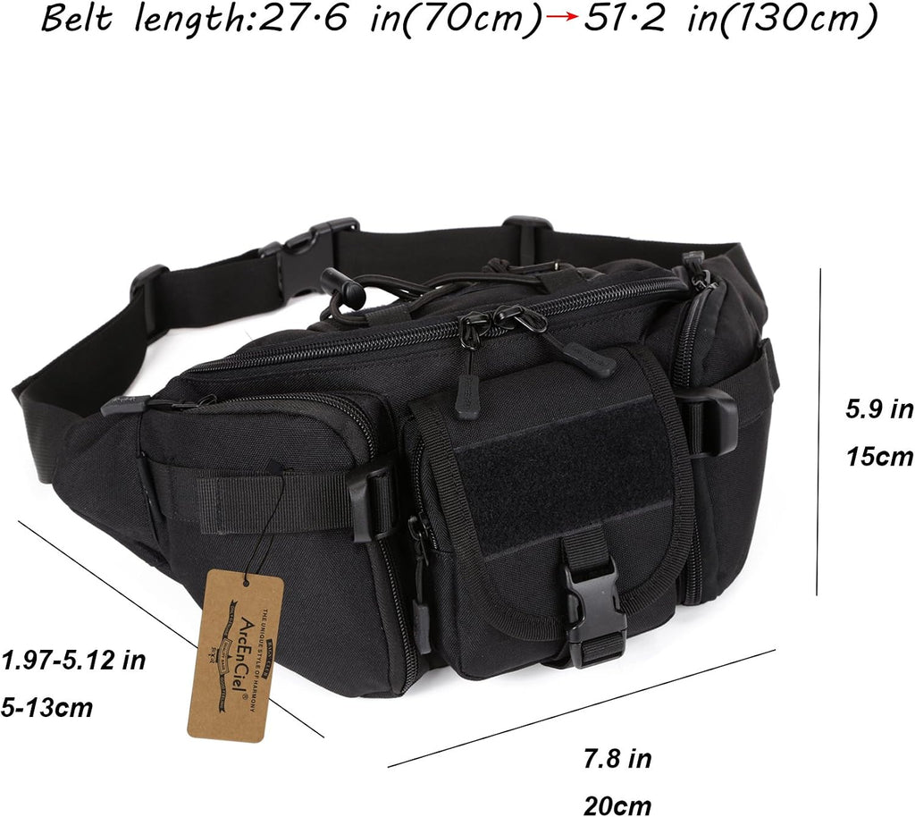 ArcEnCiel Tactical Fanny Pack for Men Women Waist Bag Hip Belt Outdoor Hiking Fishing Bumbag with Patch (Black)