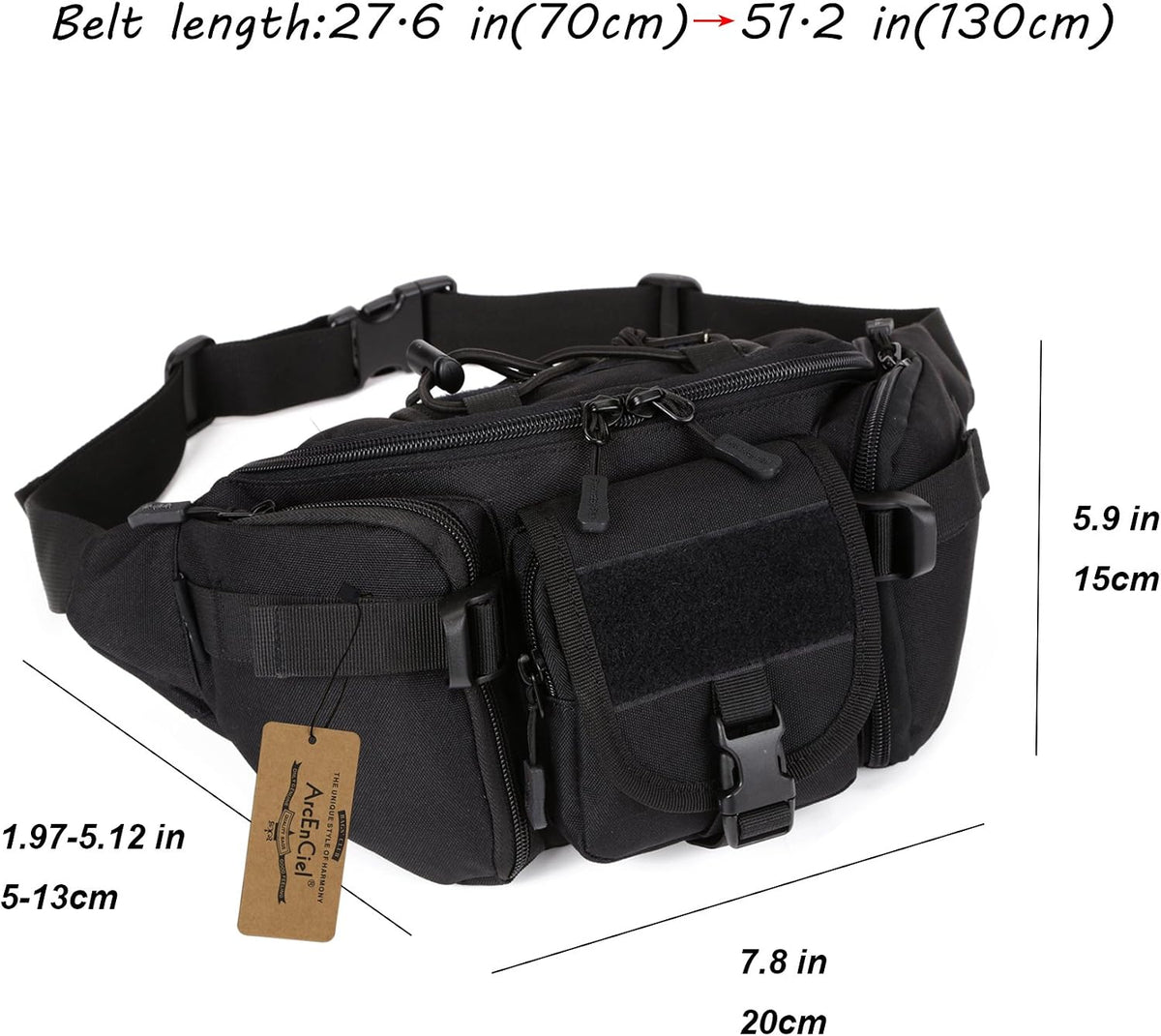 ArcEnCiel Tactical Fanny Pack for Men Women Waist Bag Hip Belt Outdoor Hiking Fishing Bumbag with Patch (Black)