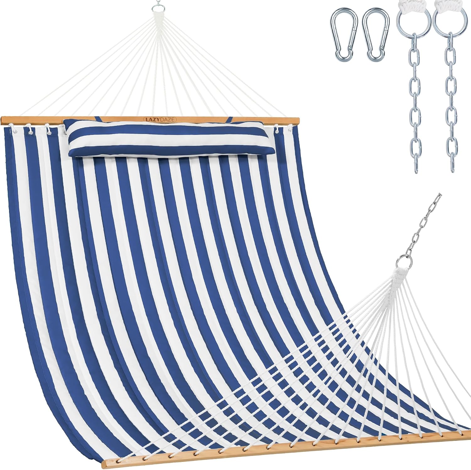 Lazy Daze Double Quilted Hammock with Pillow and Carabiners, Blue White