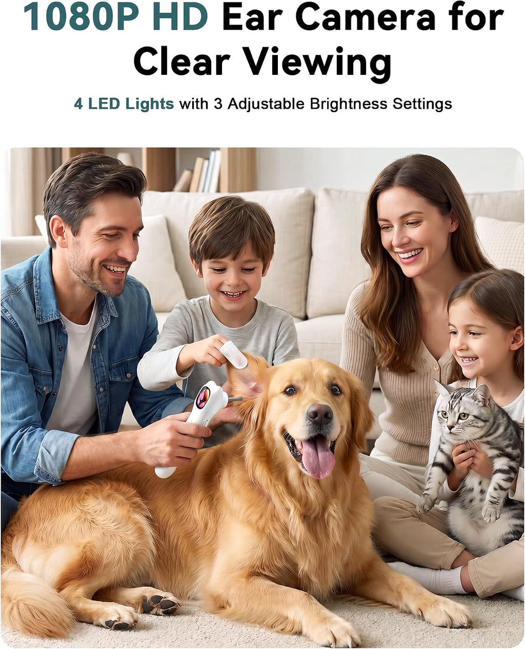 Pet Ear Camera Cleaning Kit with Screen, Dog &amp; Cat Ear Cleaner with 50 Finger Wipes, Gentle Soft Otic Ear Cleaning Pads, Helps Clean Dirt, Wax &amp; Odor-Causing Buildup, Non-Irritating, White