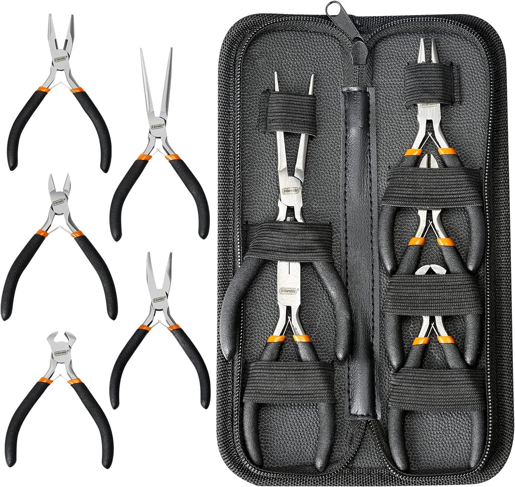 SOONAN 5 Pieces Mini Pliers, Long Lasting Tool Set Cable Cutters – Long Needle Nose, Long Nose, Nipper Bent Nose, End Cutting, Diagonal Cutting, Precision Pliers Set
