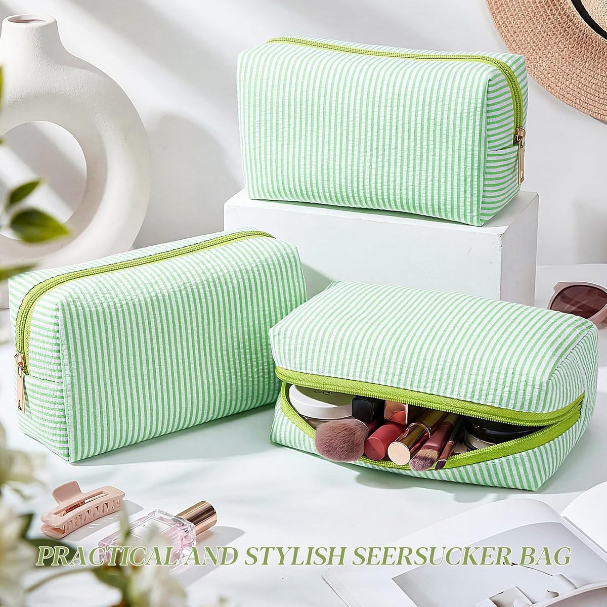 Sanwuta 6 Pcs Seersucker Cosmetic Bags Bulk, Striped Zippered,Green