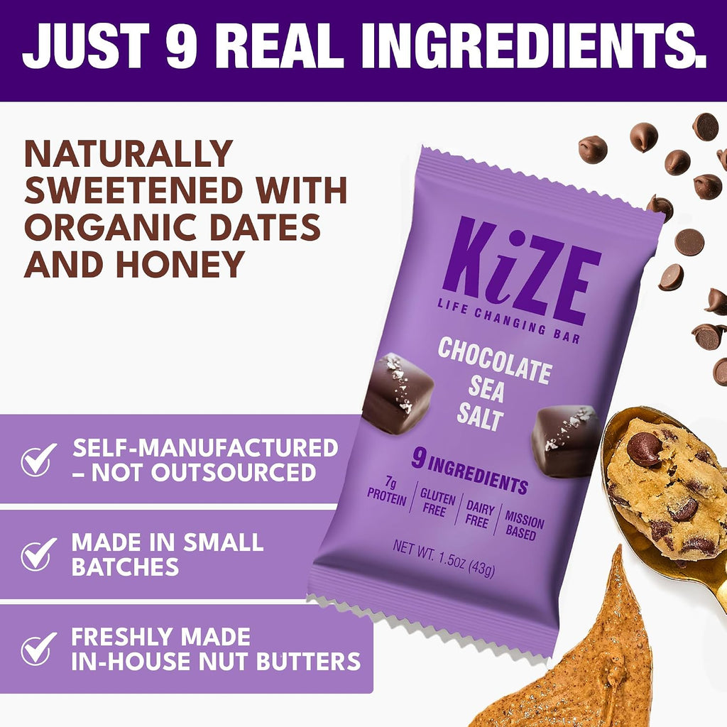 KiZE Energy Bars - Chocolate Sea Salt - Gluten Free, Dairy Free, Non-GMO, and High Protein Meal Replacement Energy Bars, Meal Bas, Clean & Simple Food Ingredients - 7g High Protein Snacks, (10 Count)