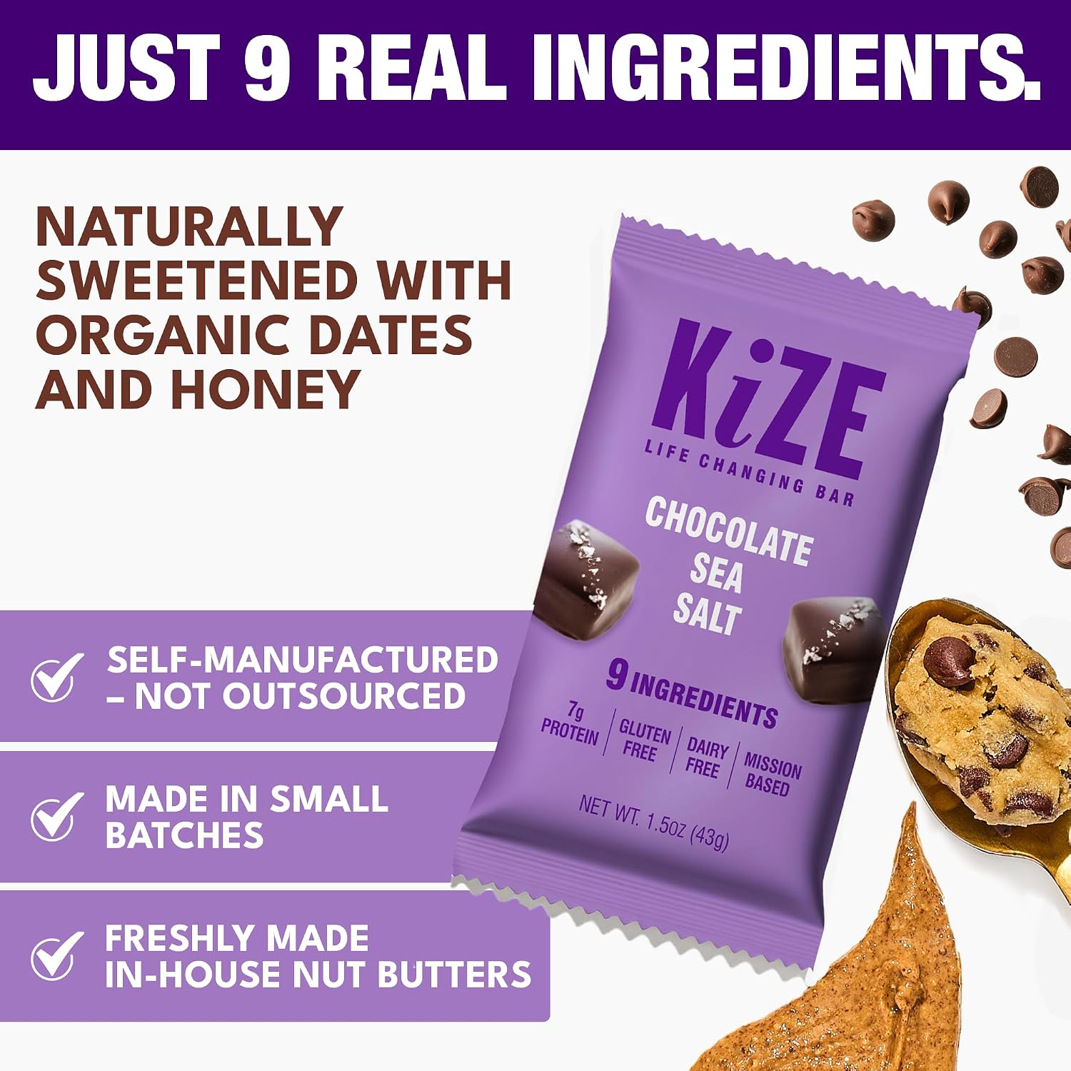 KiZE Energy Bars - Chocolate Sea Salt - Gluten Free, Dairy Free, Non-GMO, and High Protein Meal Replacement Energy Bars, Meal Bas, Clean & Simple Food Ingredients - 7g High Protein Snacks, (10 Count)