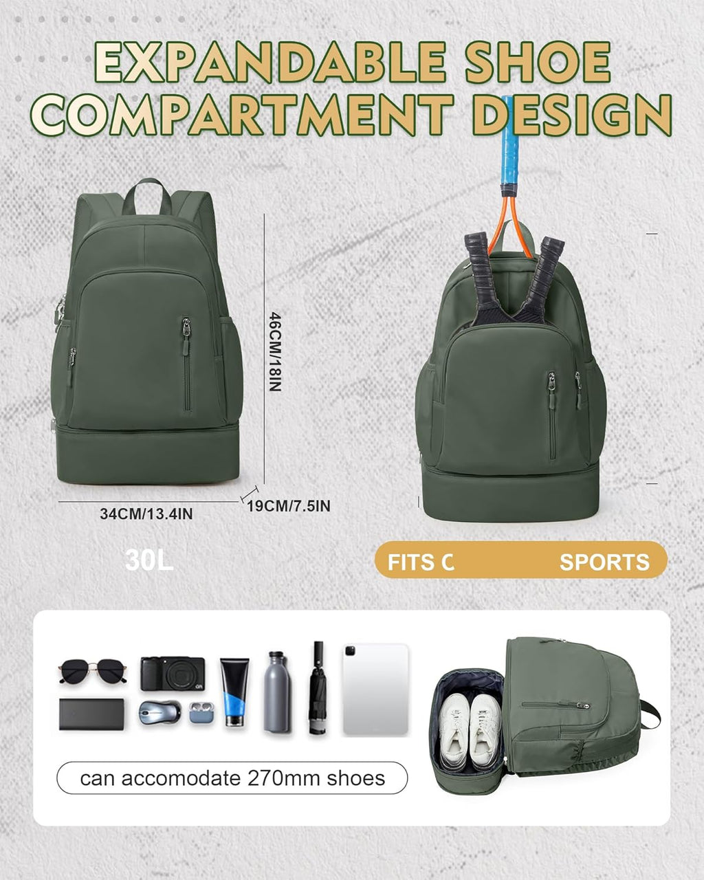 Gym Backpack for Women Men, Lightweight Gym Bag with Shoe Compartment, Waterproof Sports Backpack with Wet Pocket, Green