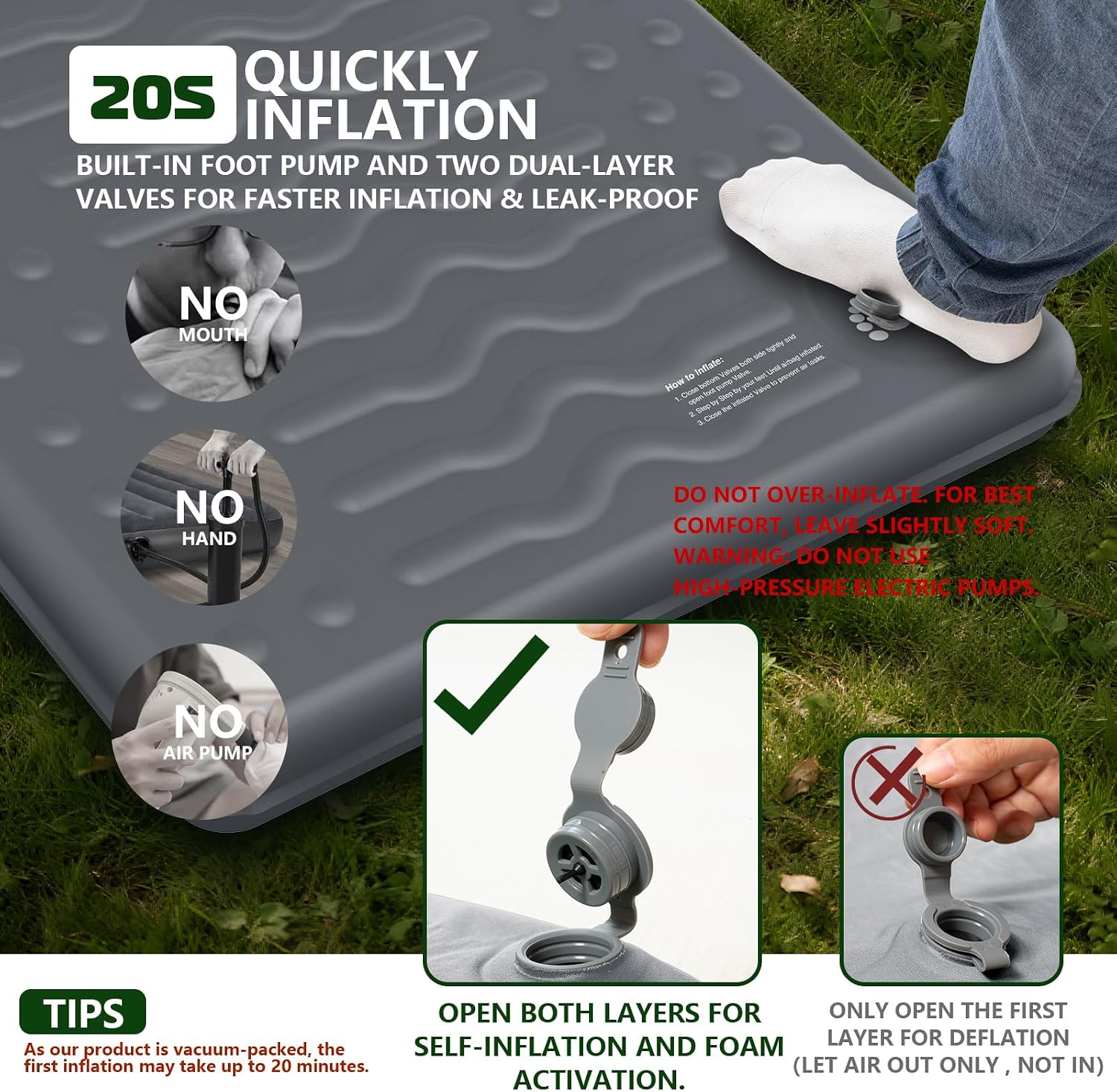 HiiPeak Memory Sleeping Pad, Compact 3" Thick Foam Sleeping Mats with Pillow, 9.5 R-Value Insulated Camping Mattress Pad, Easy Inflate & Deflate, Inflatable Sleep Mat for Backpacking Hiking Car Tent