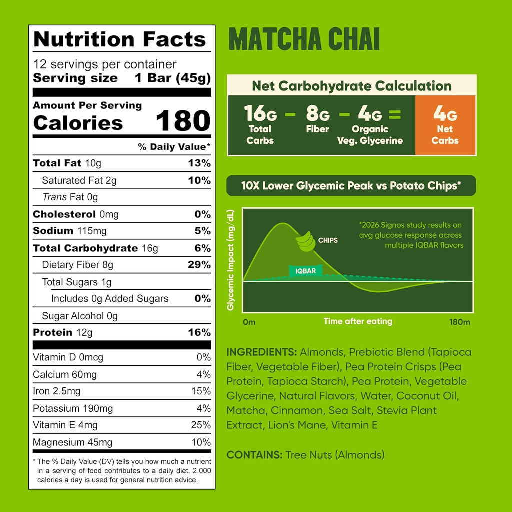 IQBAR Clean Protein Bars, Low Sugar Keto, Matcha Chai 12-Count