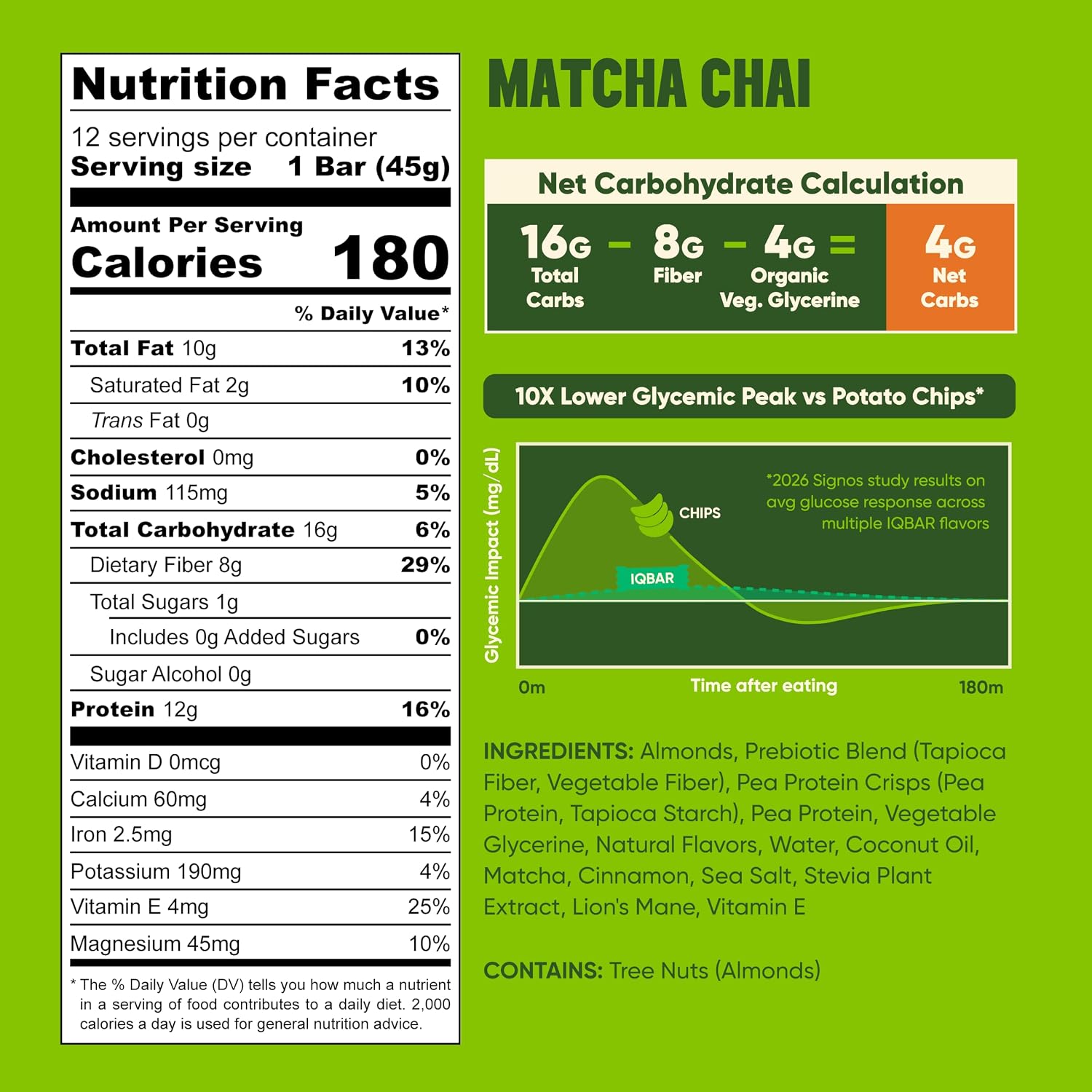 IQBAR Clean Protein Bars, Low Sugar Keto, Matcha Chai 12-Count