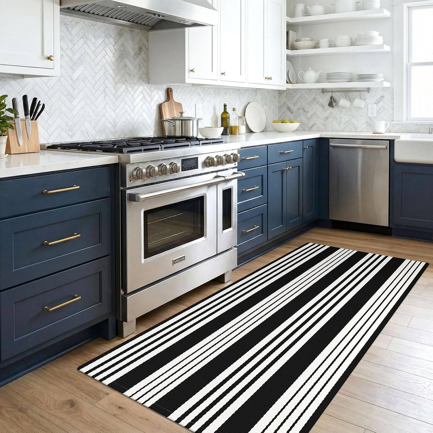 KOZYFLY 3'x5' Striped Area Rug, Black and White Woven Cotton Outdoor Rug