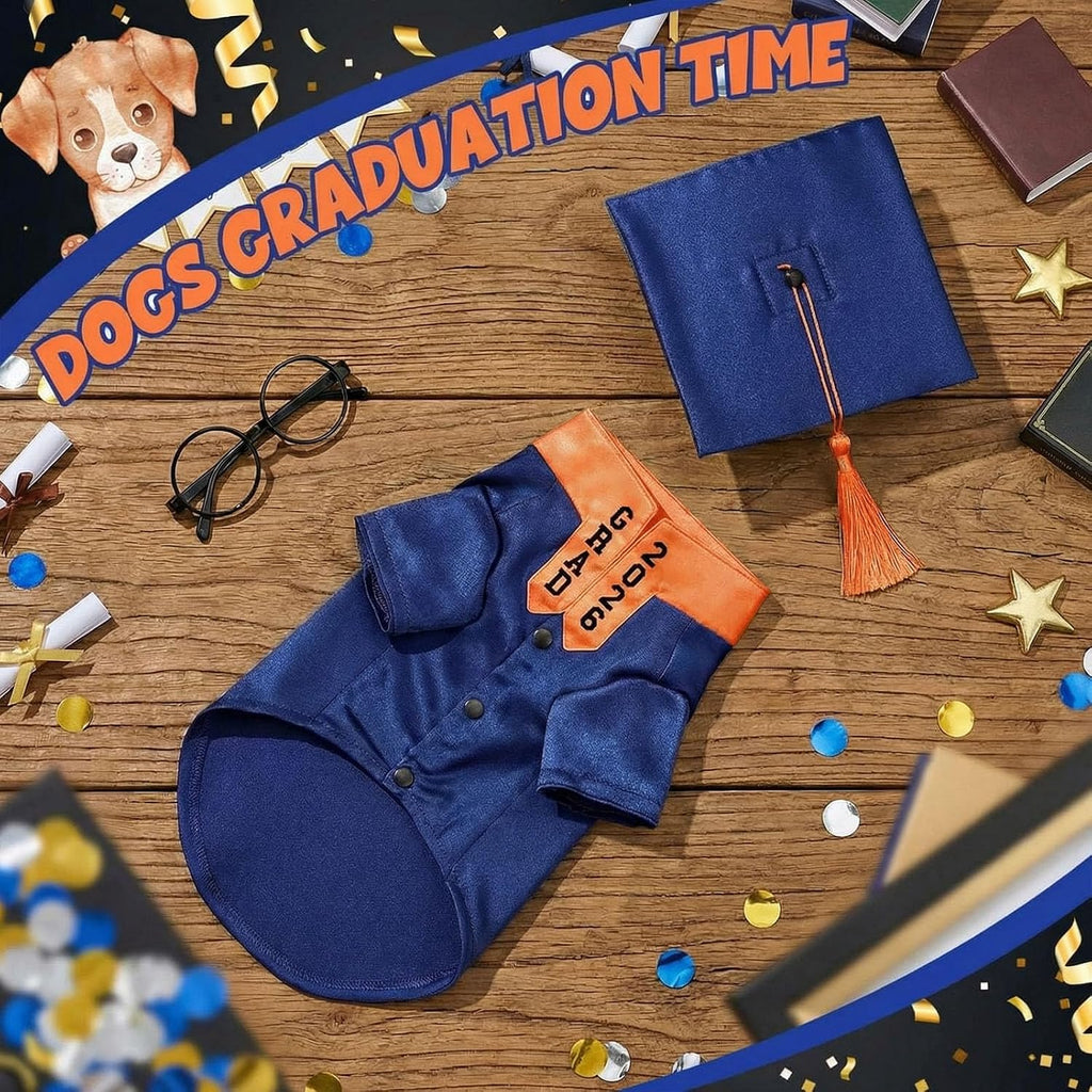 Huhumy 5 Pcs Dog Graduation Costume Set Include 2026 Pet Graduation Gown with Stole Puppy Grad Cap Lensless Glasses DIY Letter Stickers for Dogs Cats Holiday Costume Accessory(Blue Orange,S)