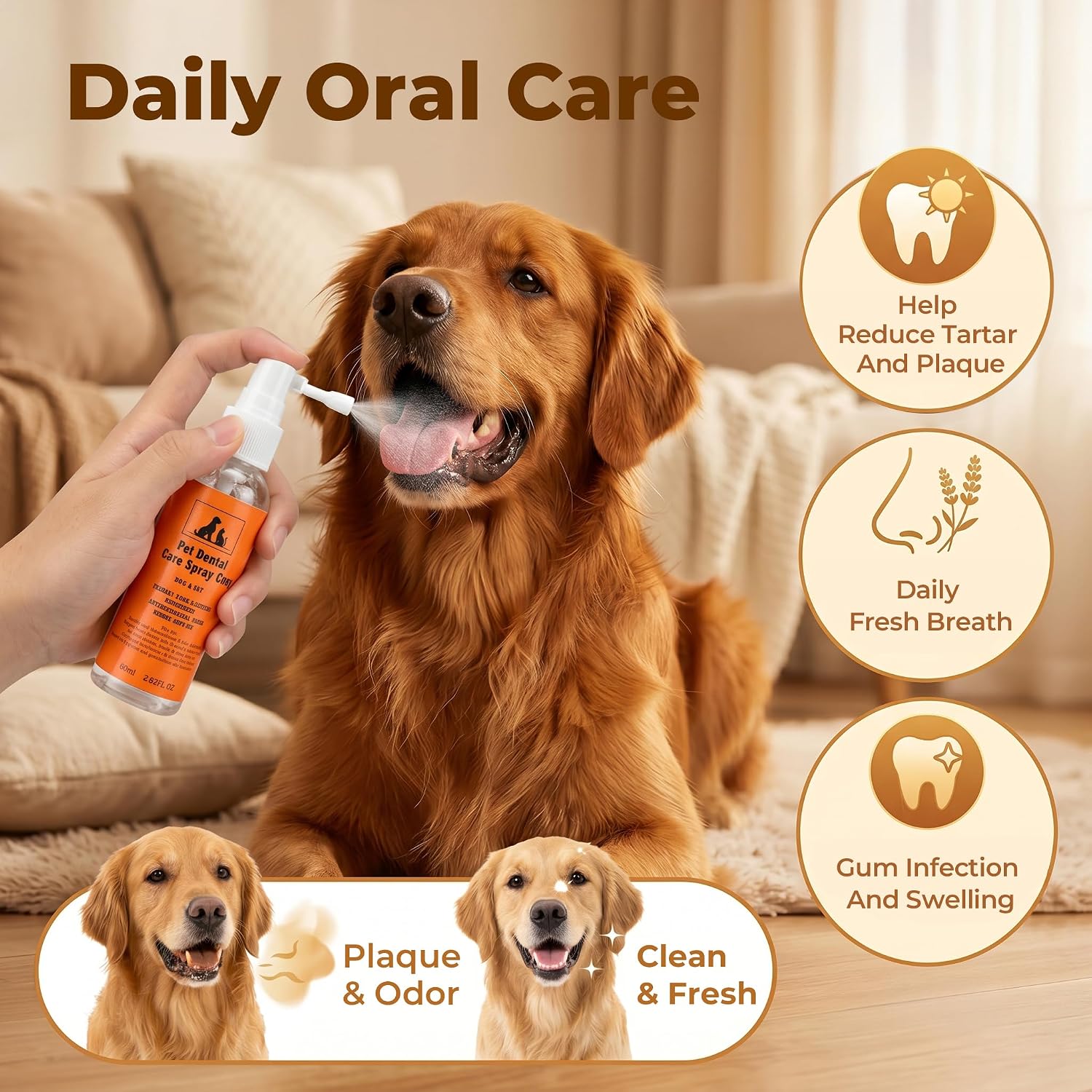 Pet Dental Spray Gel for Dogs & Cats, No Brushing Pet Oral Care Spray, Self-Adhering Gel Film for Teeth Cleaning, Breath Freshener & Plaque Tartar Control, Gum Health Support