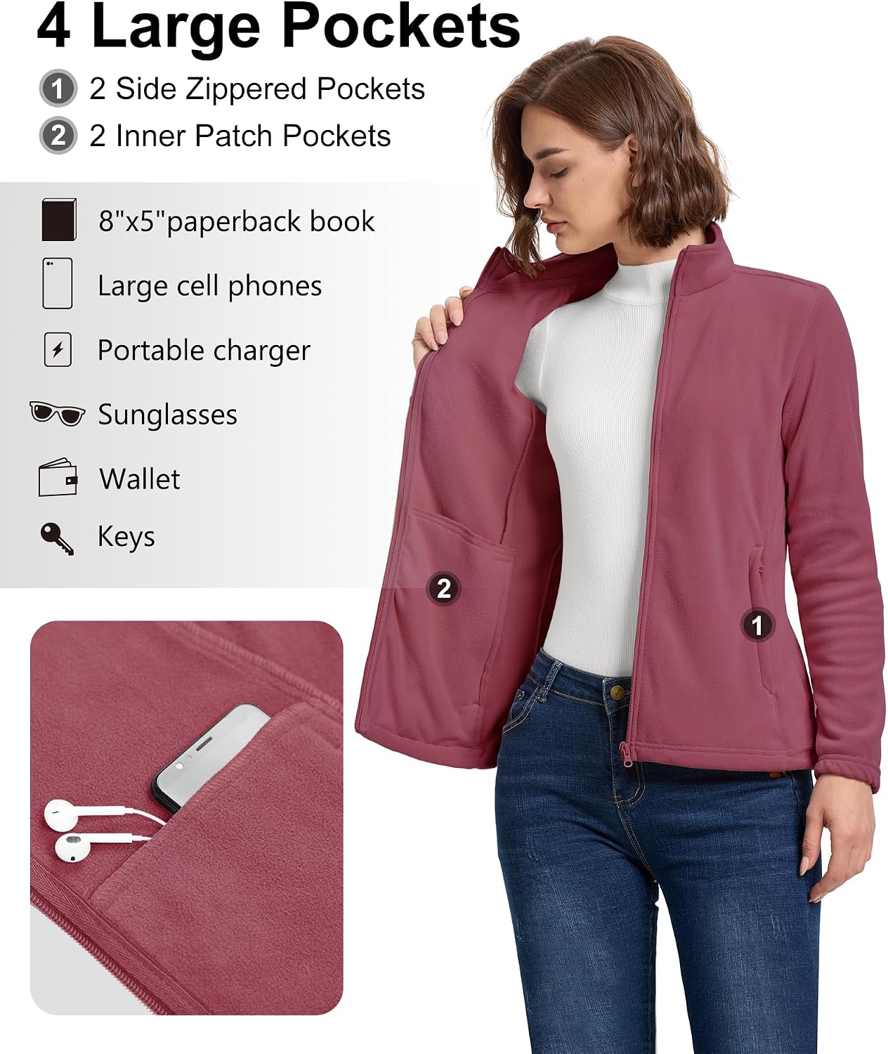 33,000ft Women's Polar Fleece Jacket Zip Up Lightweight Hiking Sweatshirt