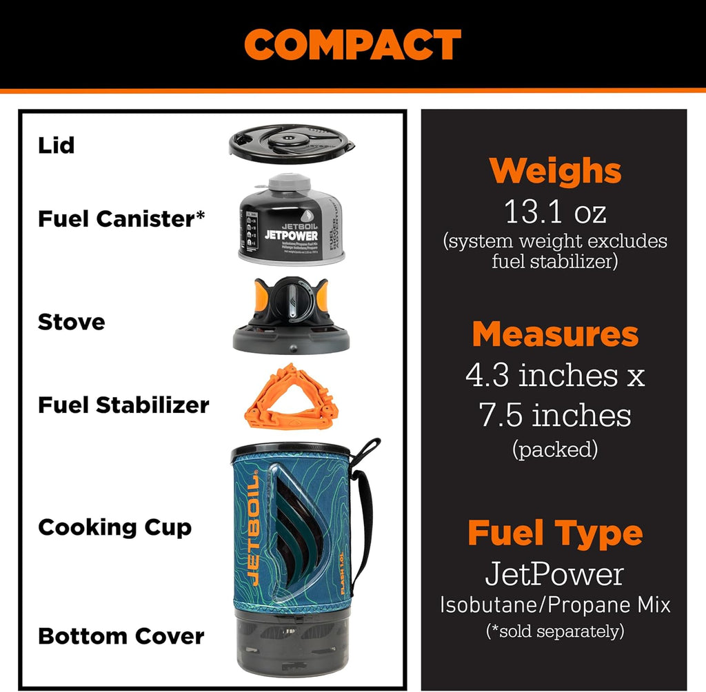 Jetboil Flash 1.0L Portable Fast Boil Stove for Camping and Backpacking with 1-Step Auto Ignition, Propane/Isobutane Burner with Cooking Cup, Ocean Topo