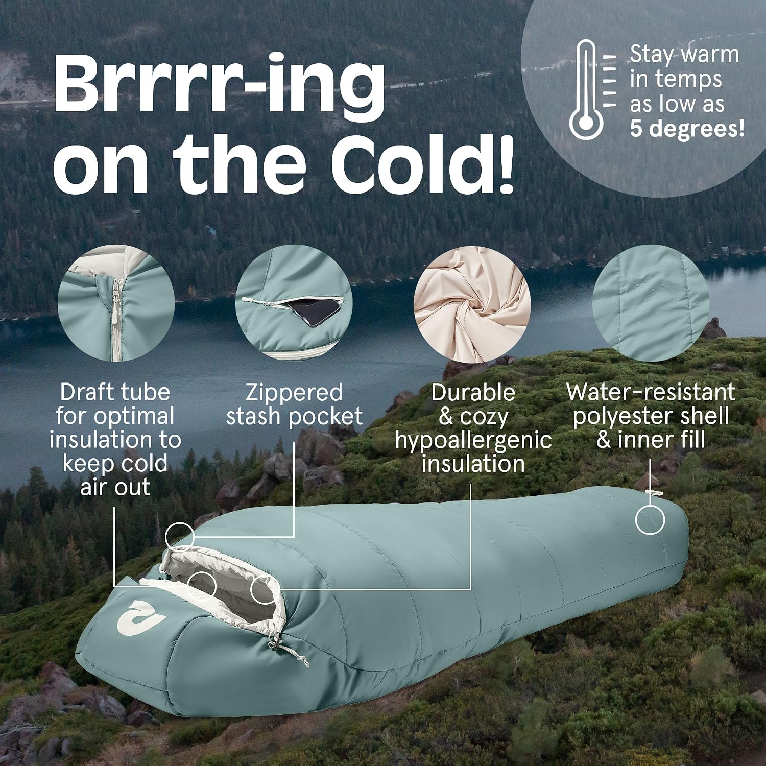 Retrospec Dream Mummy Sleeping Bag - 5, 15, & 30°F Cold Weather Camping & Travel Essential Gear with Water - Resistant Shell & Synthetic Fill - Zippered Pocket & Stuff Sack