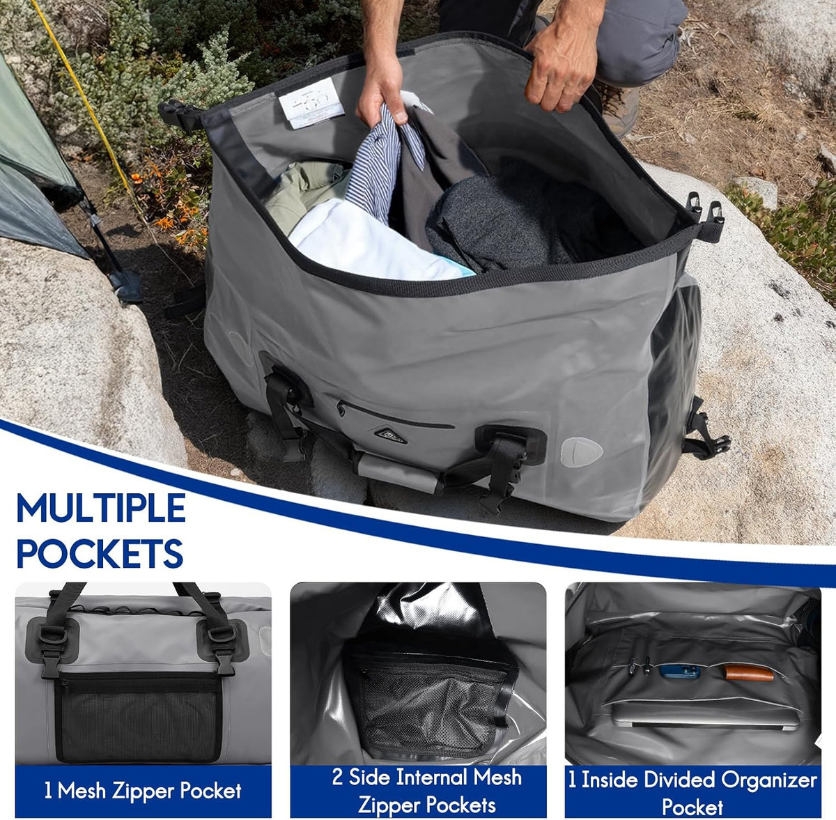 Haimont Waterproof Duffel Bag Roll-top Dry Duffel Bag with Quick-fixed Straps for Motorcycling, Rafting, Boating, SUP, Kayaking, Travel, 50L/70L