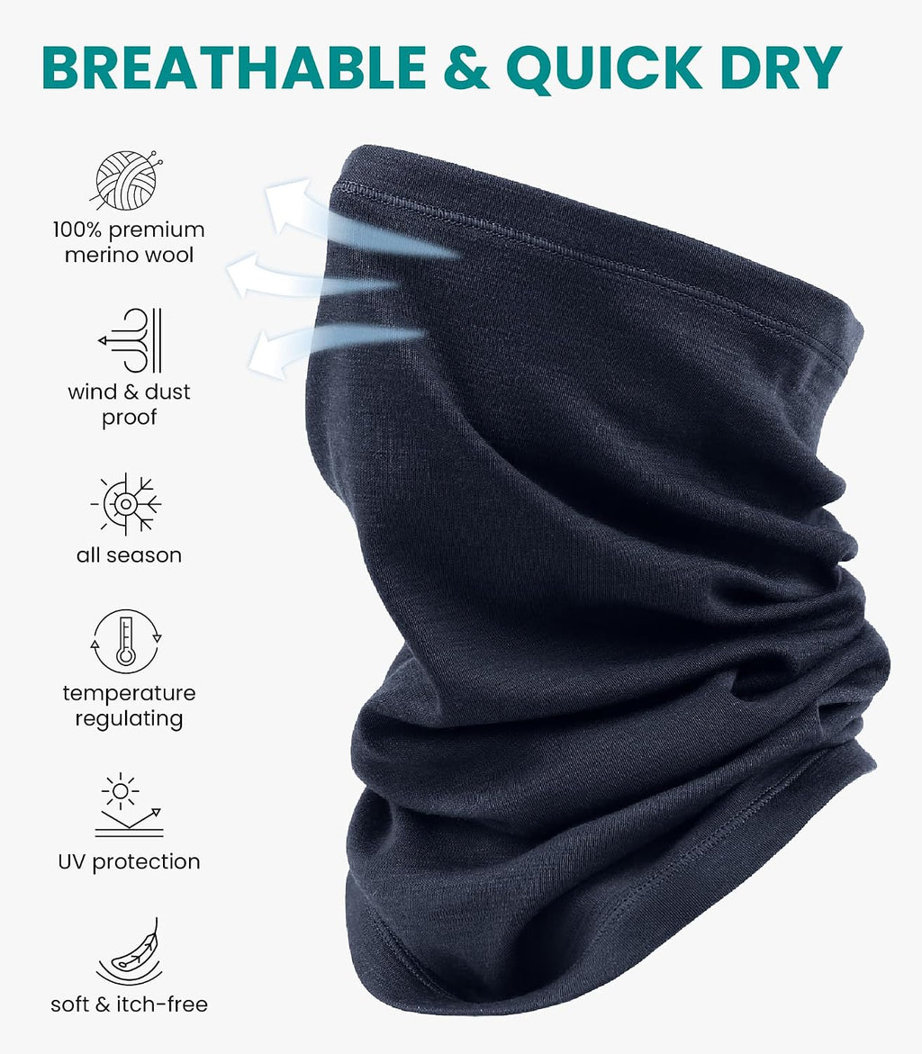 100% Merino Wool Neck Gaiter, 17.5um Face Mask, Unisex Neck Warmer 1-2 Pack