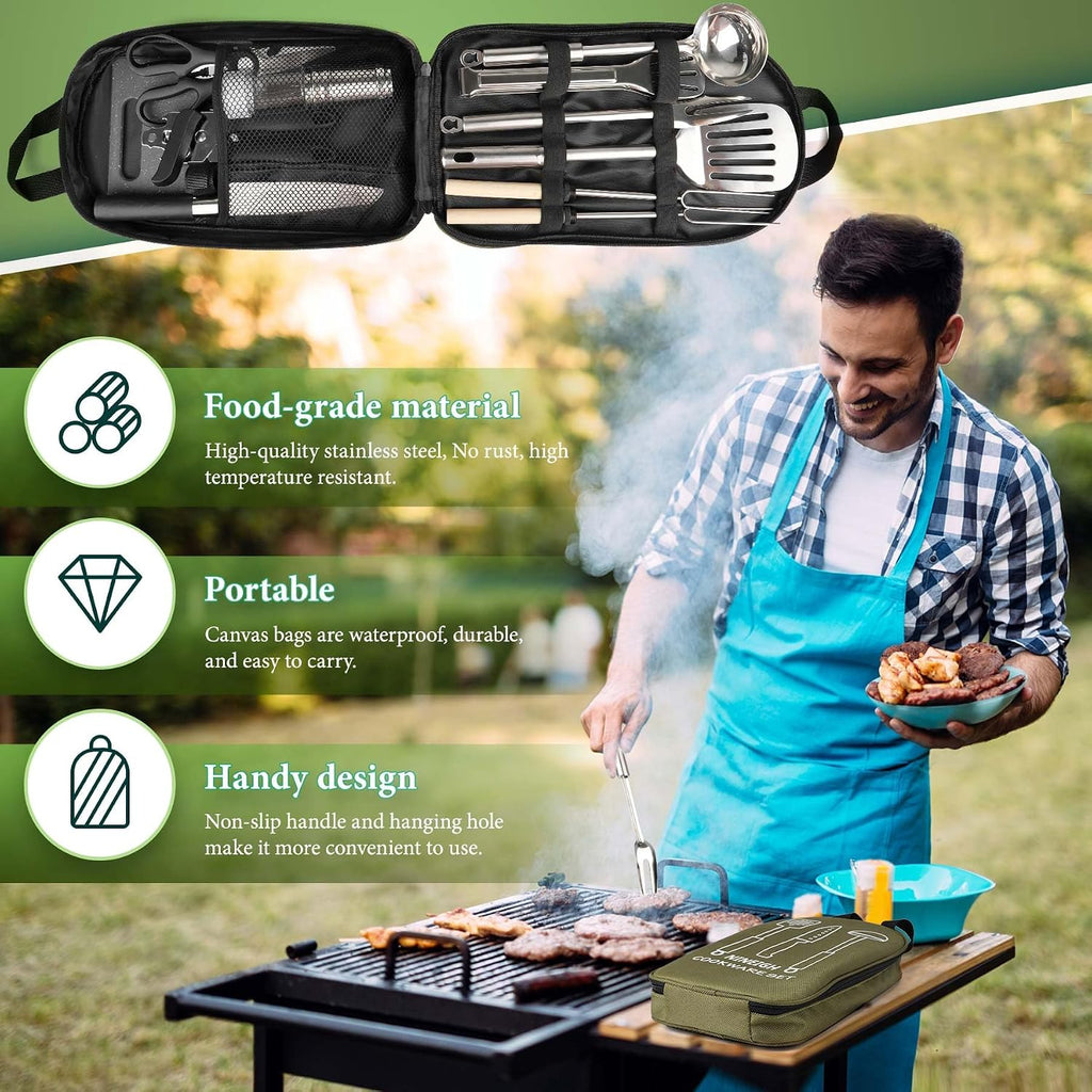 Camping Cooking Utensils Set, Stainless Steel Grill Tools, Camping BBQ Cookware Gear and Equipment for Travel Tenting RV Van Picnic Portable Kitchen Essentials Accessories