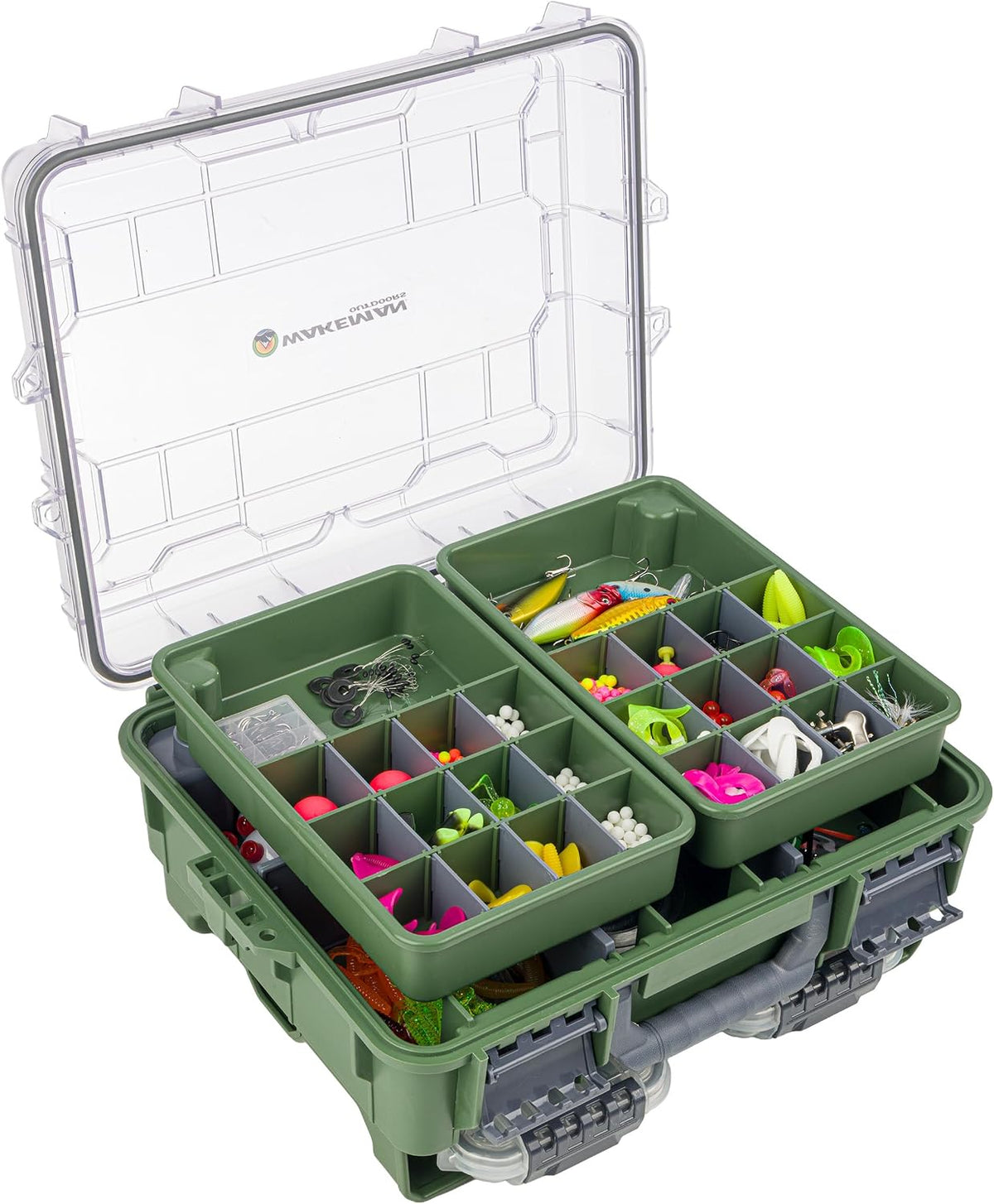 Fishing Tackle Box Organizer - Dual Layer Heavy Duty Plastic Tacklebox Storage Box with Adjustable Dividers and 2 Removeable Tackle Trays - Fishing Gear and Equipment by Wakeman Outdoors (Green)