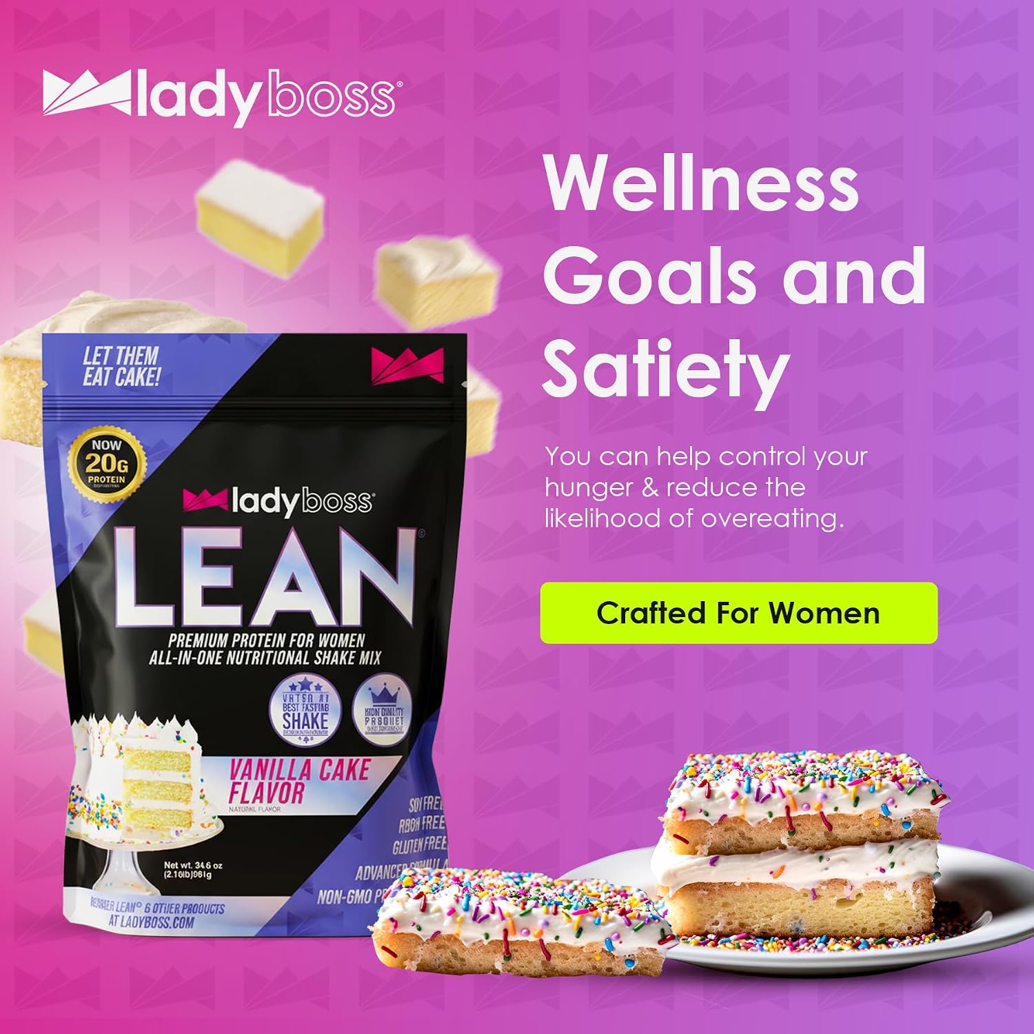 LadyBoss Lean Meal Replacement Protein Shake Vanilla Cake Flavor with 20G Whey Protein, 20 Vitamins & Minerals - Craving Support - 30 Servings