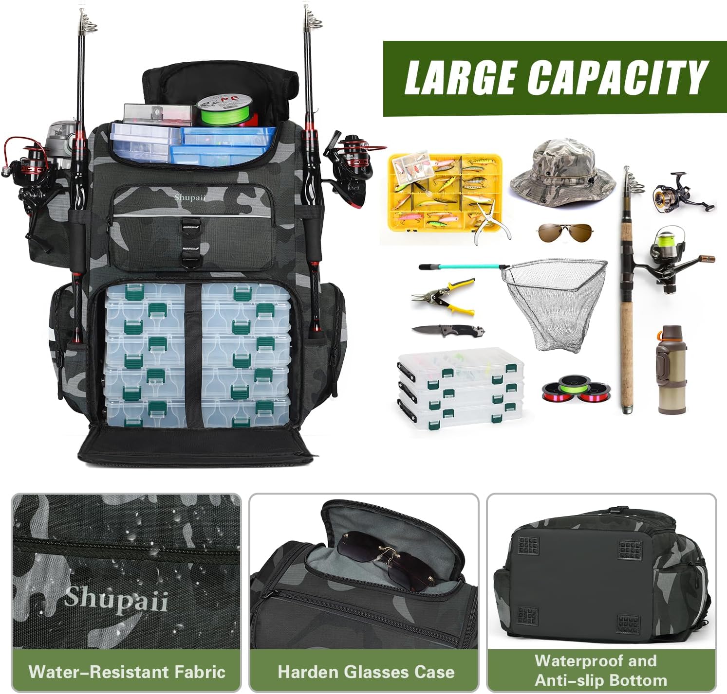 Fishing Backpack with 2 Rod Holders, Large Water Resistant Tackle Storage Bag for Fishing Gear, Fishing Bag Gifts for Men