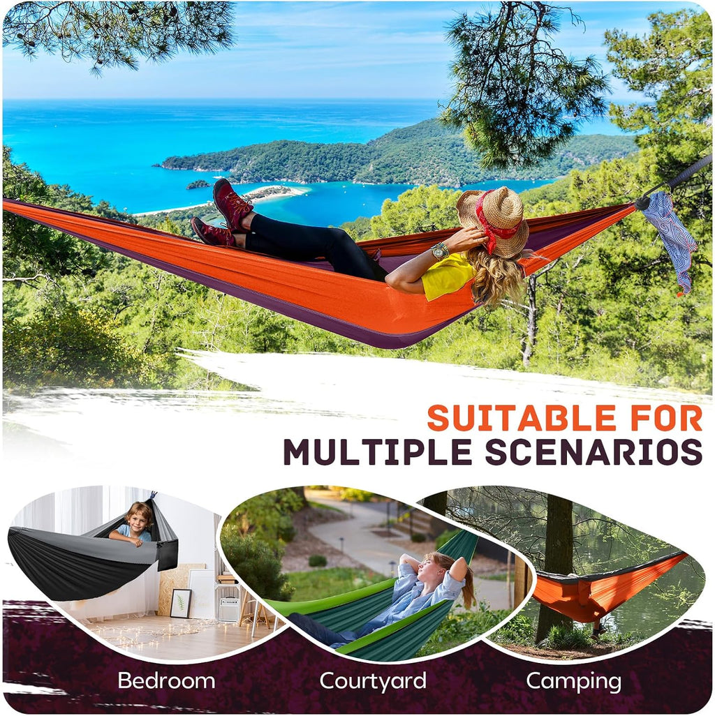 Camping Hammock Lightweight, Portable Hammocks Parachute Hammock with Two Tree Straps, Single or Double Travel Swing Nylon Camp Hammocks, Outdoor Essentials for Beach Backpacking Hiking, Orange