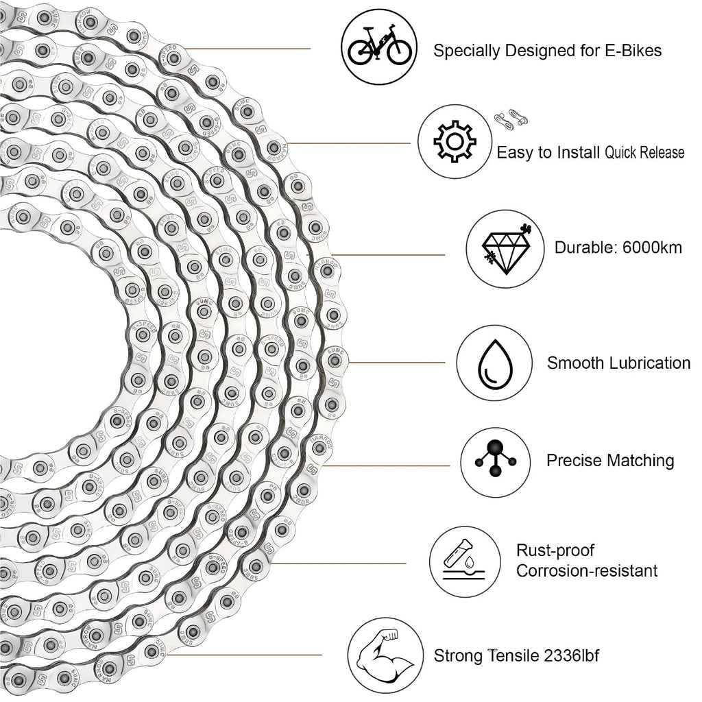 High-Performance E Bike Chain (Carbon Steel/Silver) Strength 2336 lbs