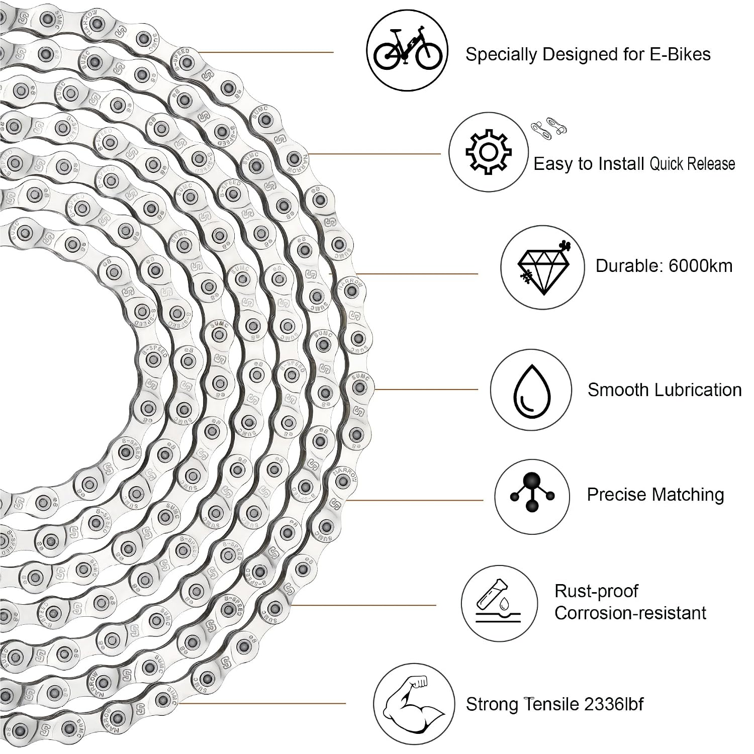 High-Performance E Bike Chain (Carbon Steel/Silver) Strength 2336 lbs