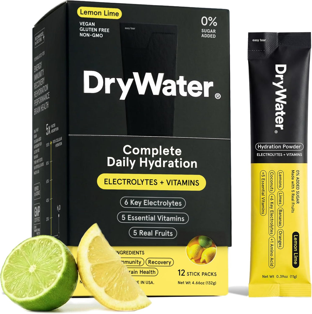 DryWater Electrolytes + Vitamins Hydration Packets, Lemon Lime 12 Pack