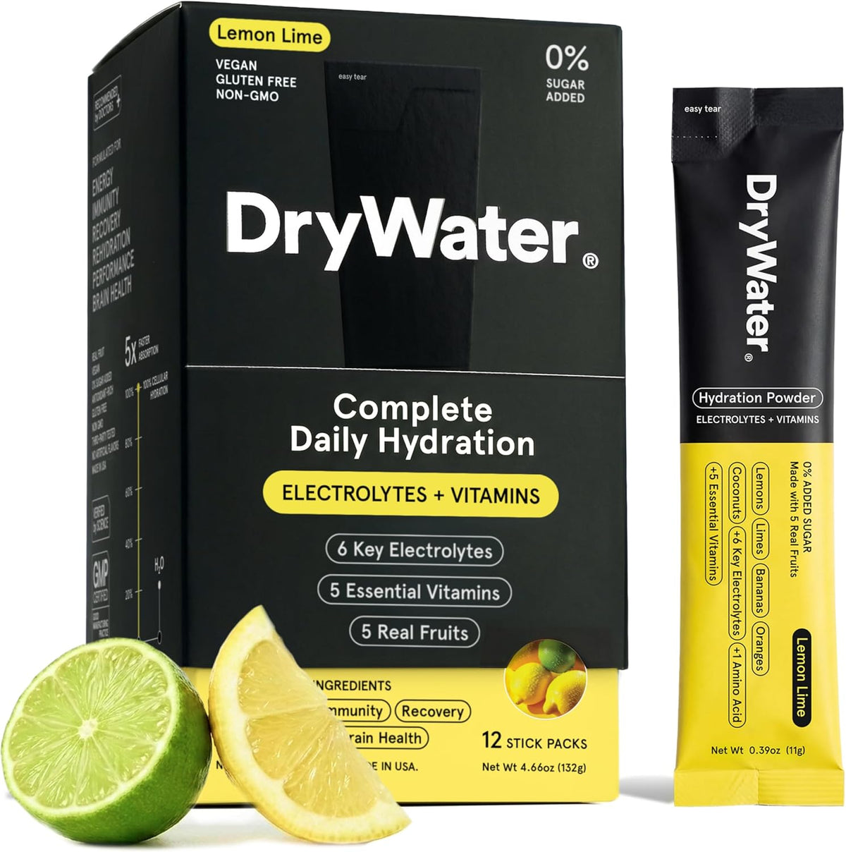 DryWater Electrolytes + Vitamins Hydration Packets, Lemon Lime 12 Pack