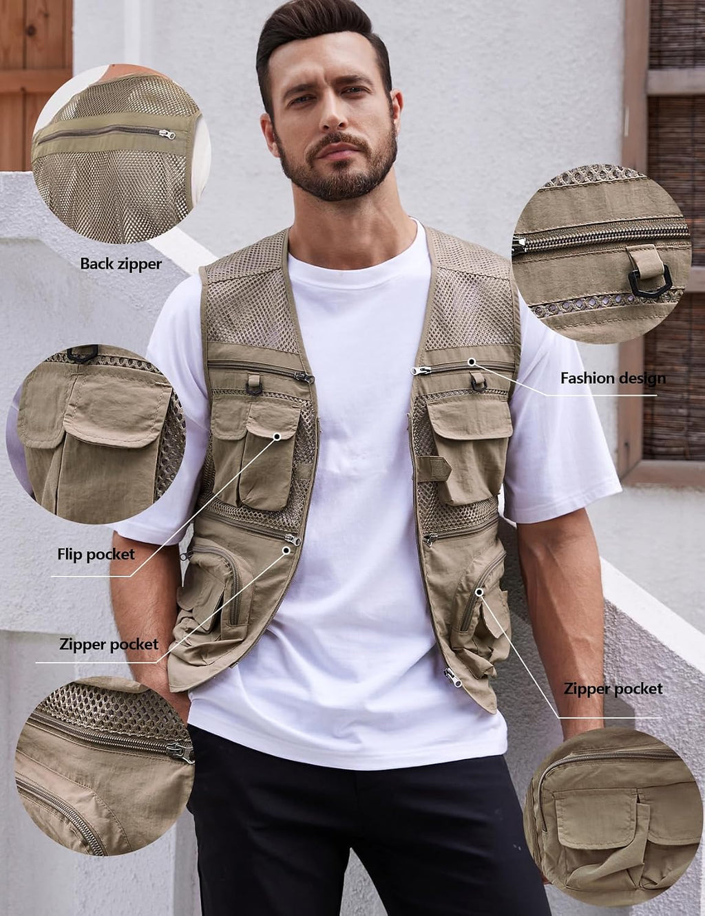 Gihuo Men's Fishing Vest Utility Safari Travel Vest with Pockets Outdoor Work Photo Cargo Fly Summer Vest