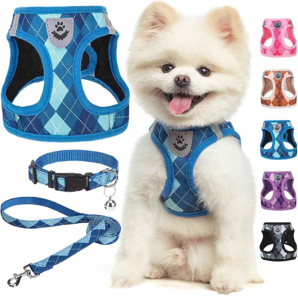 SCENEREAL Fall Thanksgiving Small Dog Harness and Leash Collar Set, Step in No Pull Plaid Puppy Harness for Small Dogs Outdoor Walking, Soft Mesh No Chock Reflective Vest Harness, Brown XS