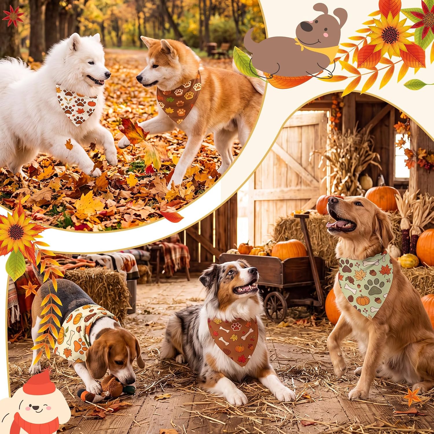 Preboun 50 Pcs Fall Paw Print Dog Bandanas Bulk Autumn Bandanas for Dogs Triangle Kerchief Bibs Scarf Set for Pet Fall Harvest Party Costume Photo Props Accessories, 25 Styles (25.6 x 17.7 x 17.7)