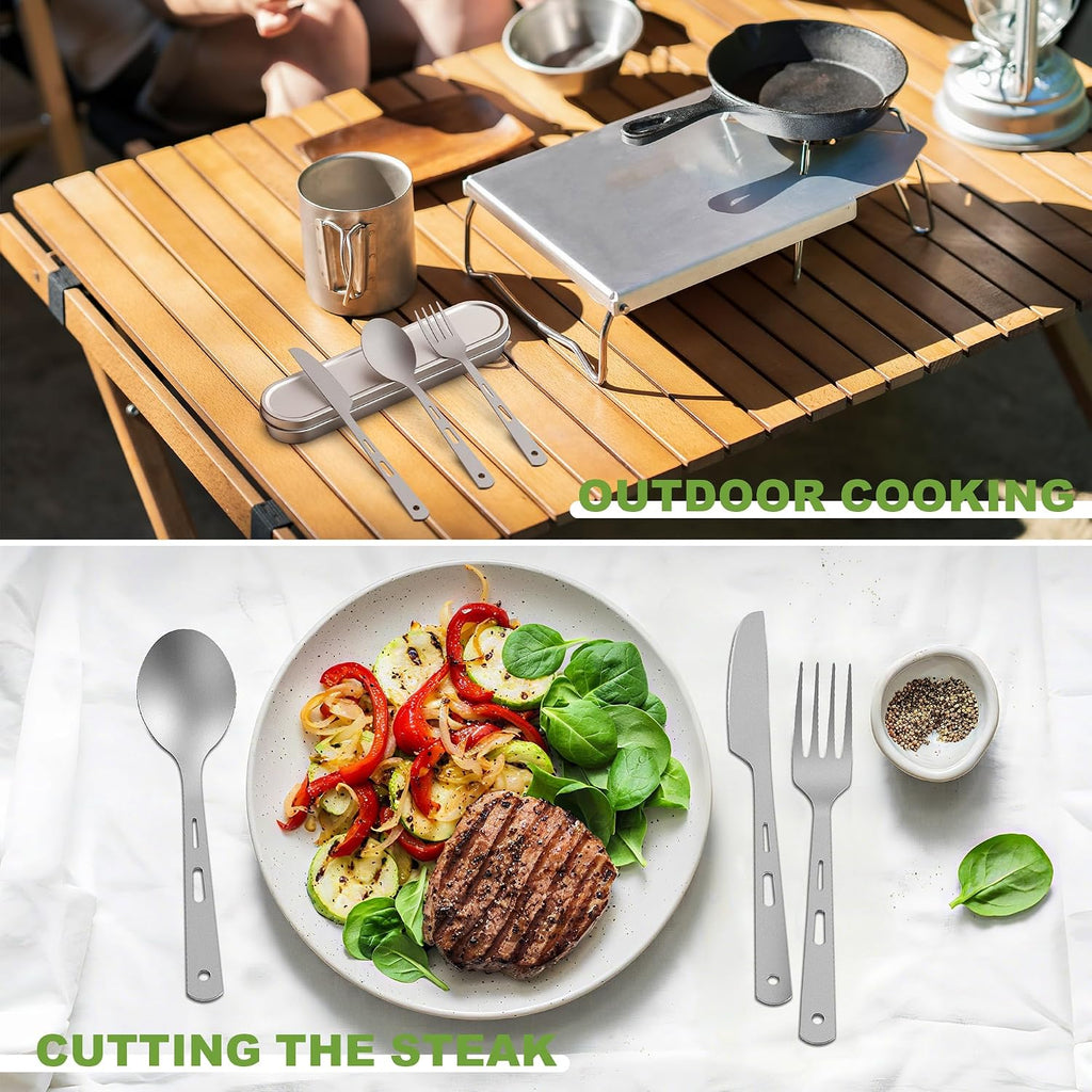 Pure Titanium Travel Utensils with Case, Ultra-Light Ti Portable Champing Essential Cutlery Set, Knife Fork Spoon Reusable Flatware Sets for Camping Picnic Outdoor Hiking, Lunch Box for Men