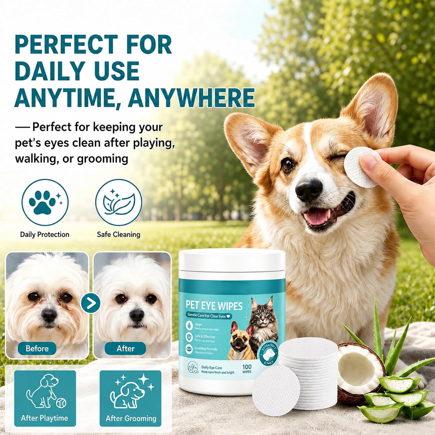 Pets Eye Wipes,Eye Defense Wipes,Tear Stain Remover for Pet,Gentle Textured Eyes Area Wipes with Aloe Vera and Chamomile for Eye Dirt,Daily Cleaning Wipe