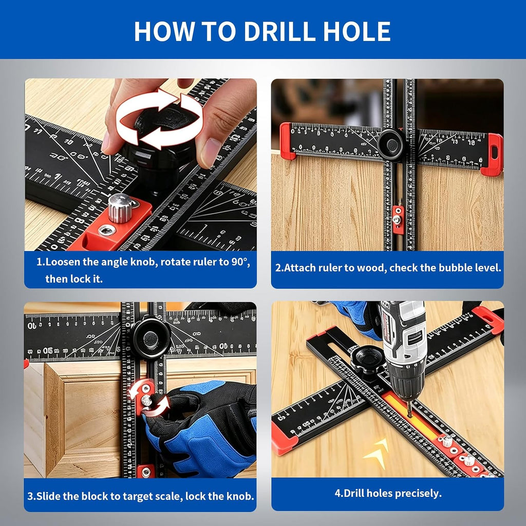4-in-1 Drilling Positioning Ruler, Multi-Function T-Square，Adjustable 14 inches/35 cm, Woodworking Marking Tool, Cabinet Hole Drilling Template for Precise Drilling Angle Measurement and Marking