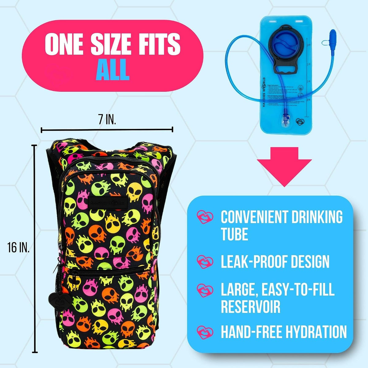 Kandies World Reflective Festival Hydration Pack - 2L Hydropack for Raves, Hiking, Biking, Running, and More (with Anti-Theft Pocket)
