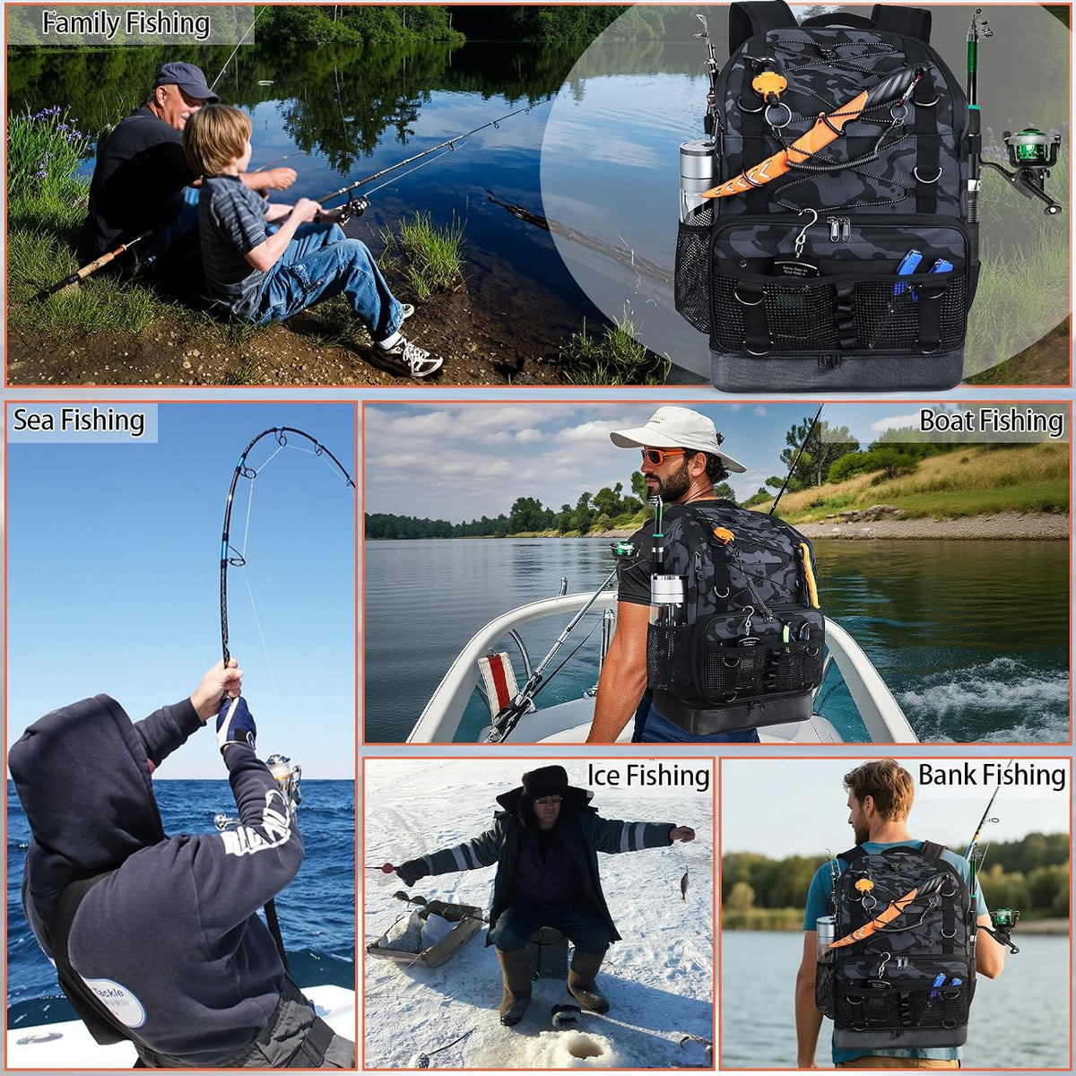 Fishing Backpack with Rod Holder, Heavy Duty Fishing Bag with Waterproof Bottom, Tackle Backpack Gifts for Man Woman-Black Camo
