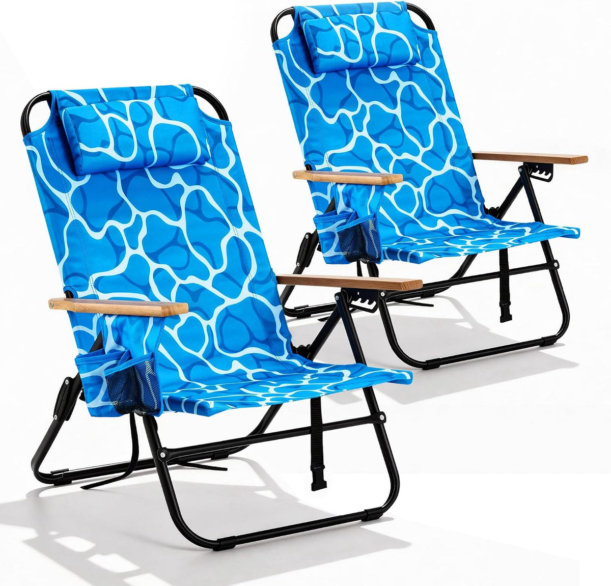 2 Pack Premium 5-Position Reclining Camping Chair - Portable Folding Lightweight Outdoor Chair with Wooden Armrests, Headrest & Pockets, 350lbs Heavy Duty for Beach, Patio, Backyard, Brown