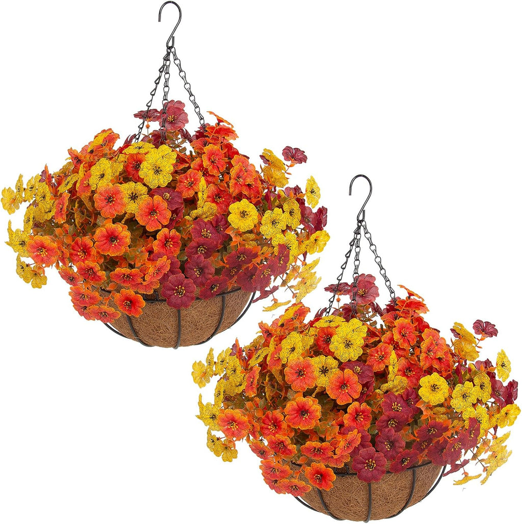 Hananona 2 Set Artificial Outdoor Fall Flowers with Hanging Basket, 2 Packs Hanging Planters with 24 Pcs Faux Fall Mums for Autumn Front Porch Garden Patio Home Decor (2, Orange,Yellow,Burgundy)
