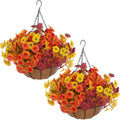 Hananona 2 Set Artificial Outdoor Fall Flowers with Hanging Basket, 2 Packs Hanging Planters with 24 Pcs Faux Fall Mums for Autumn Front Porch Garden Patio Home Decor (2, Orange,Yellow,Burgundy)