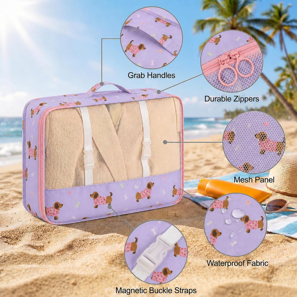 8 Set Packing Cubes for Travel, Durable Luggage Packing Organizers, Carry-On Accessories, TSA Approved See-Through Cubes, Space-Saving Storage Bags, Gifts for Women (Purple Dog)