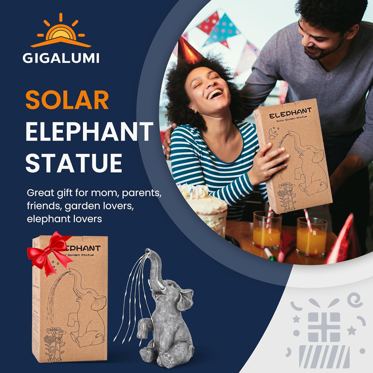 GIGALUMI Elephant Statue Solar Garden Decor Yard Outdoor Gifts for Women