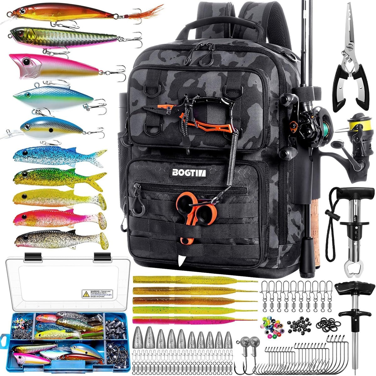 Fishing Backpack with Tackle Boxes and Rod Holders, Fishing Bag with Fishing Lure Kit Water-resistant Sling Tackle Bag Store Gear and Equipment, Bait Gifts for Men Woman Anglers-Camo Backpack
